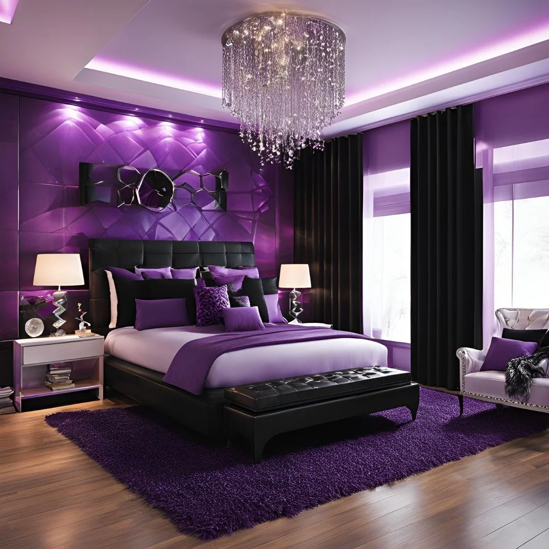 purple and black bedroom decor