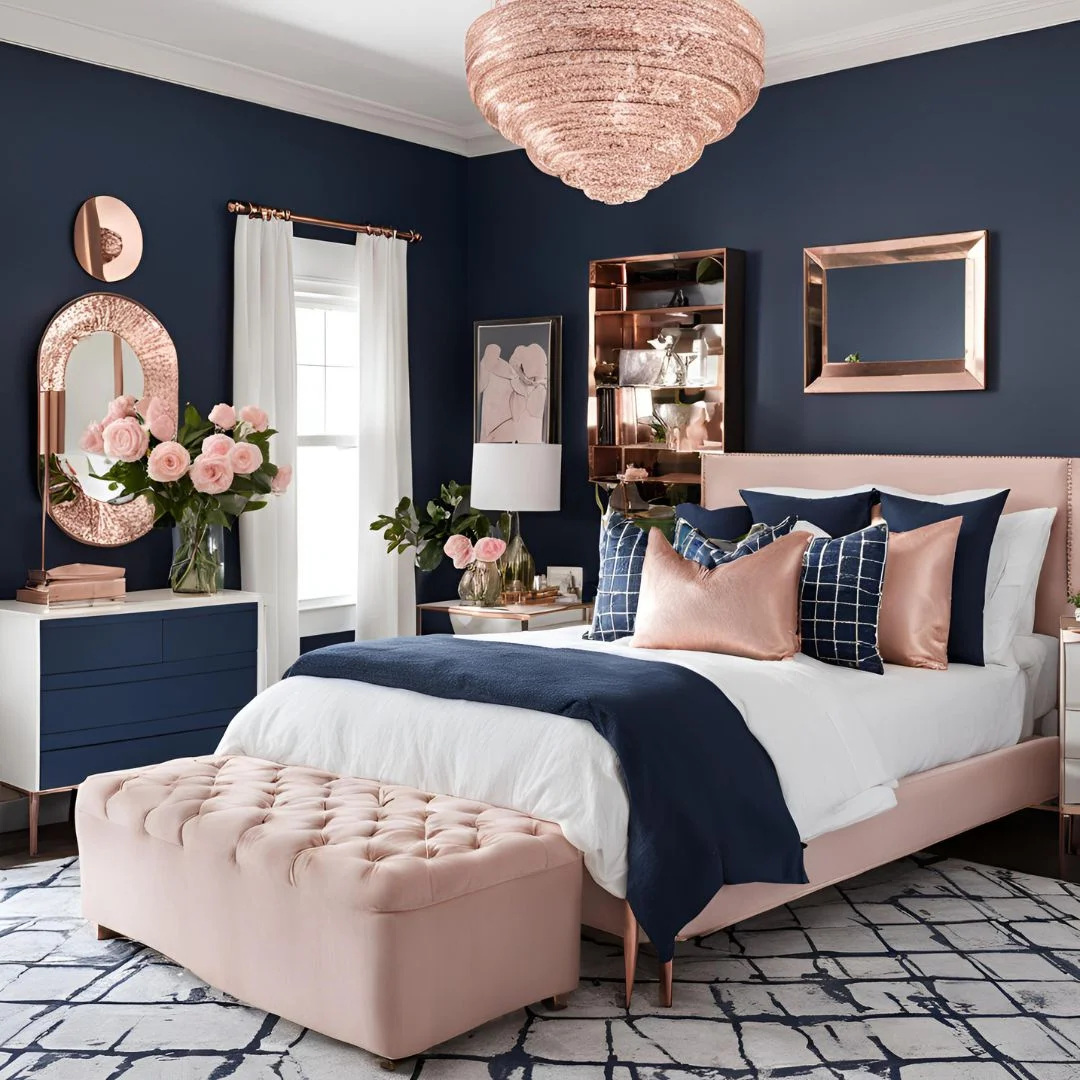 Rose Gold and Navy Bedroom