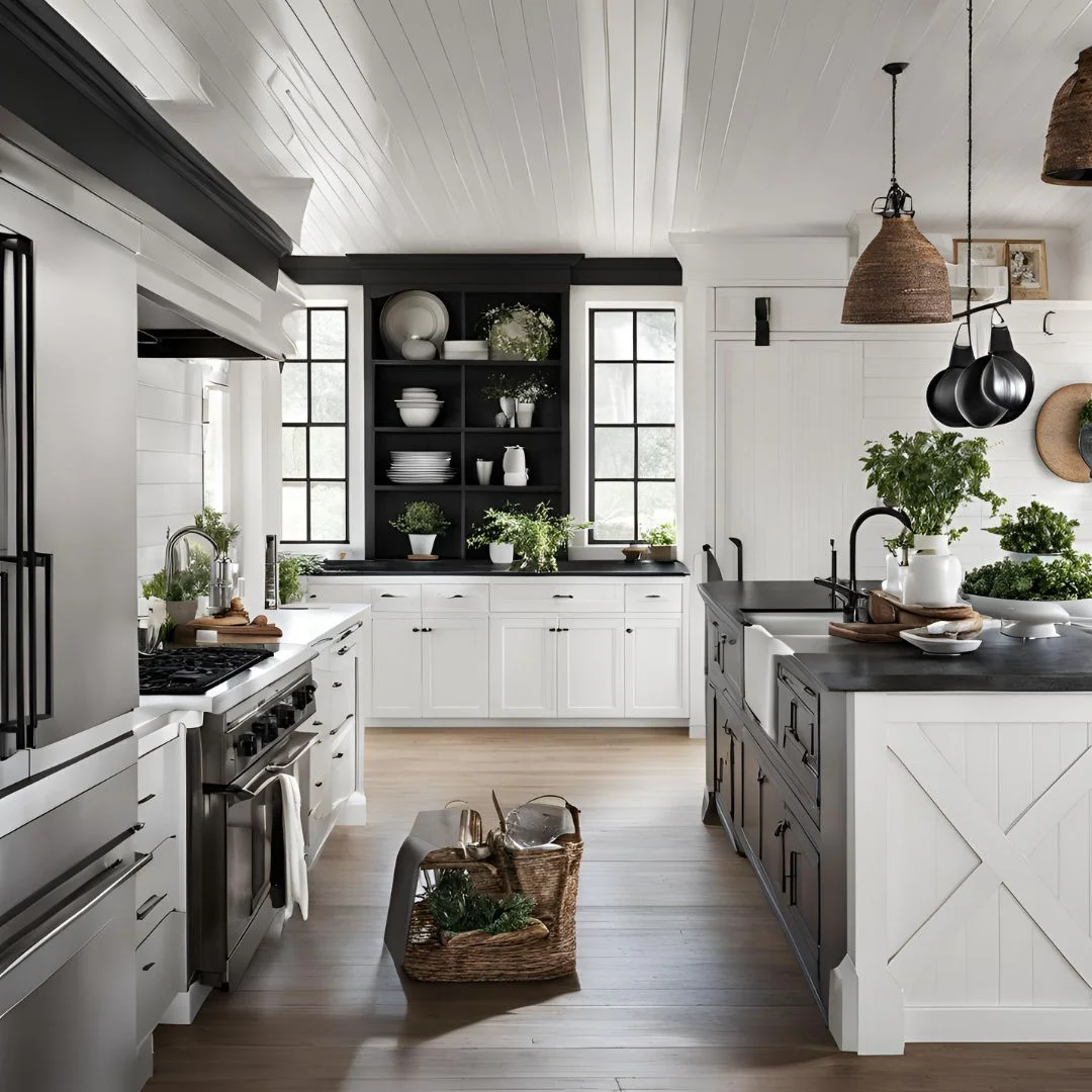 black and white farmhouse kitchen decor