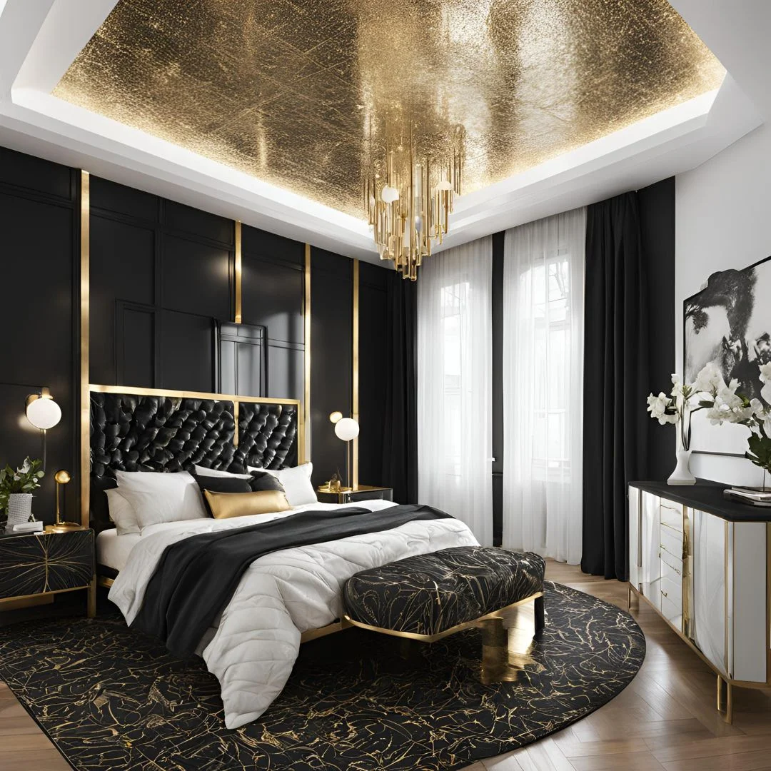 black white and gold bedroom decor