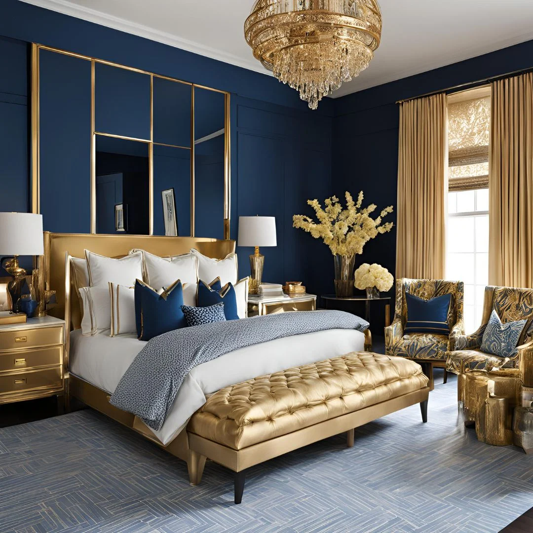 blue and gold bedroom decor