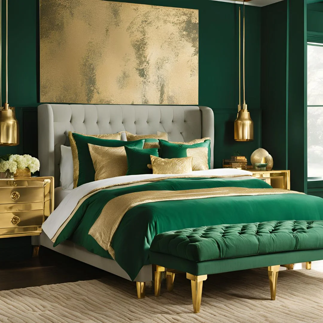 green and gold bedroom decor