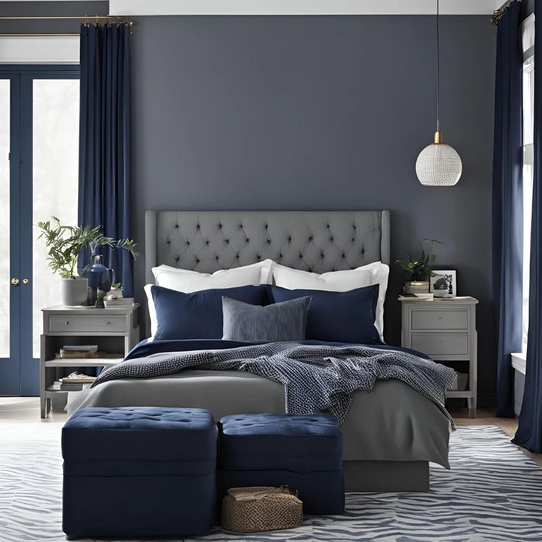 grey and navy bedroom decor