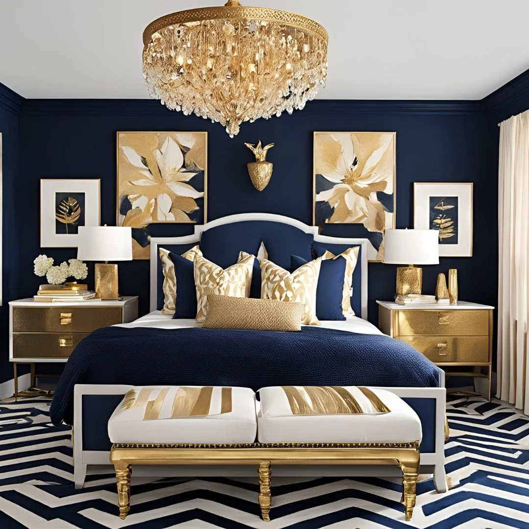 navy blue and gold bedroom decor