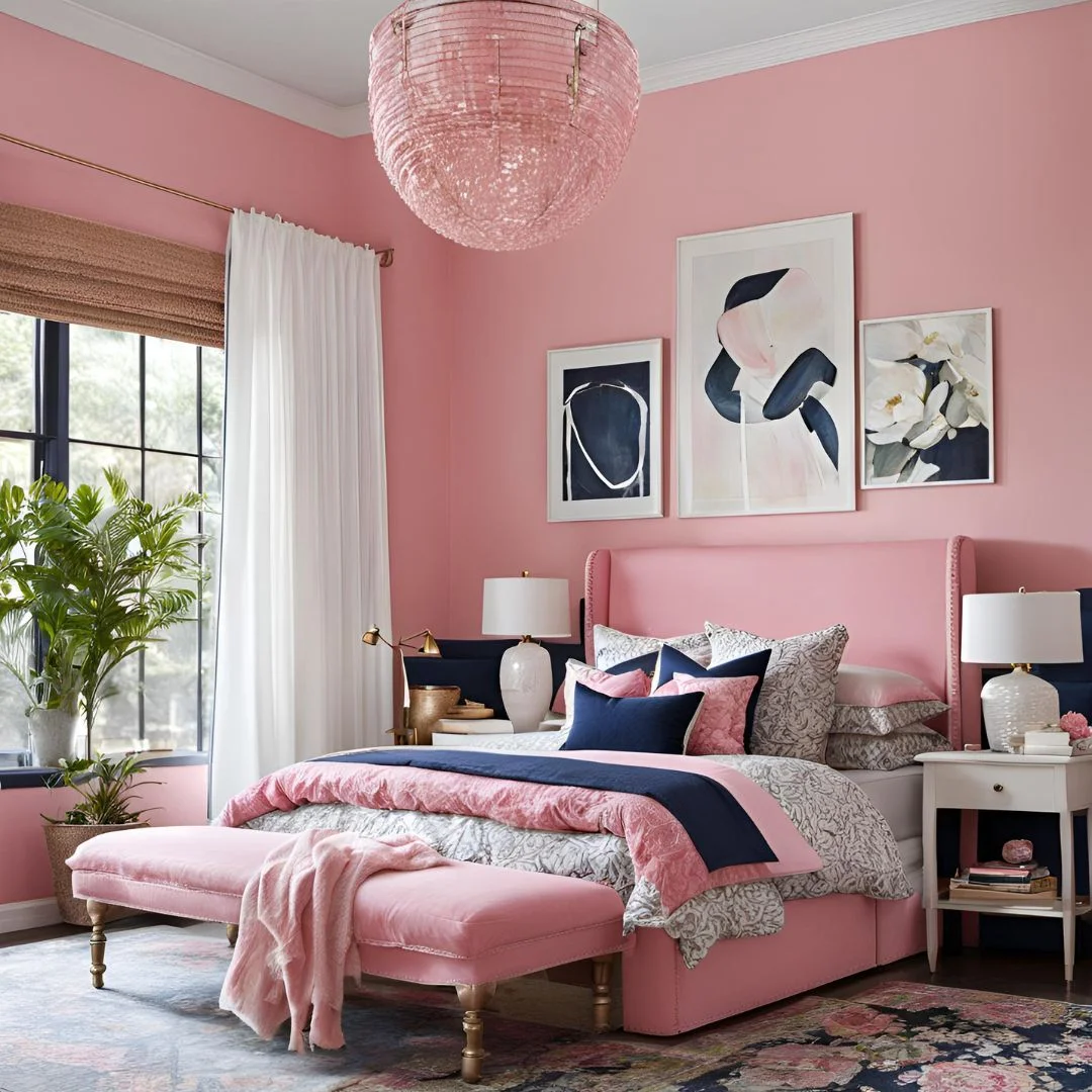 pink and navy bedroom decor