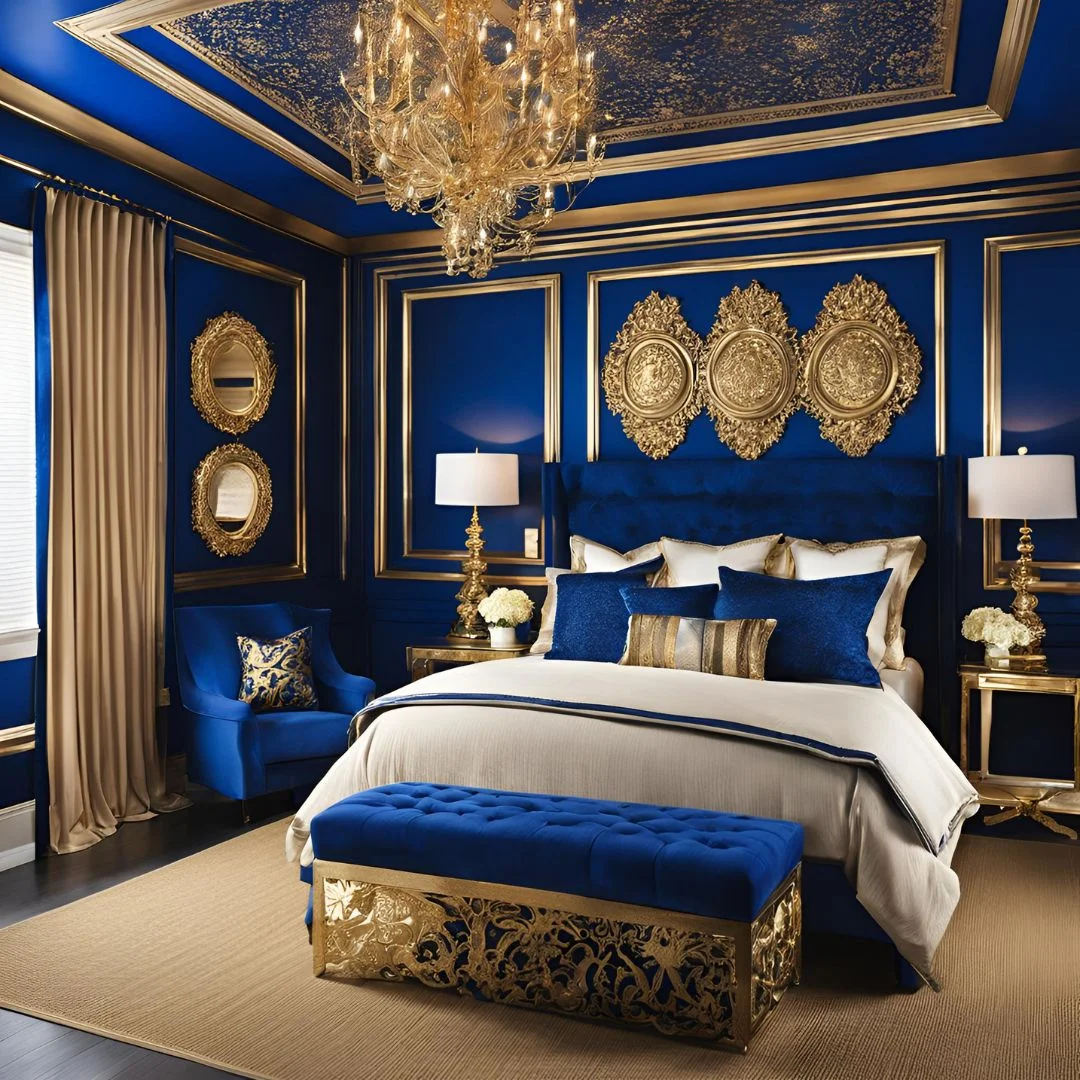 royal blue and gold bedroom decor