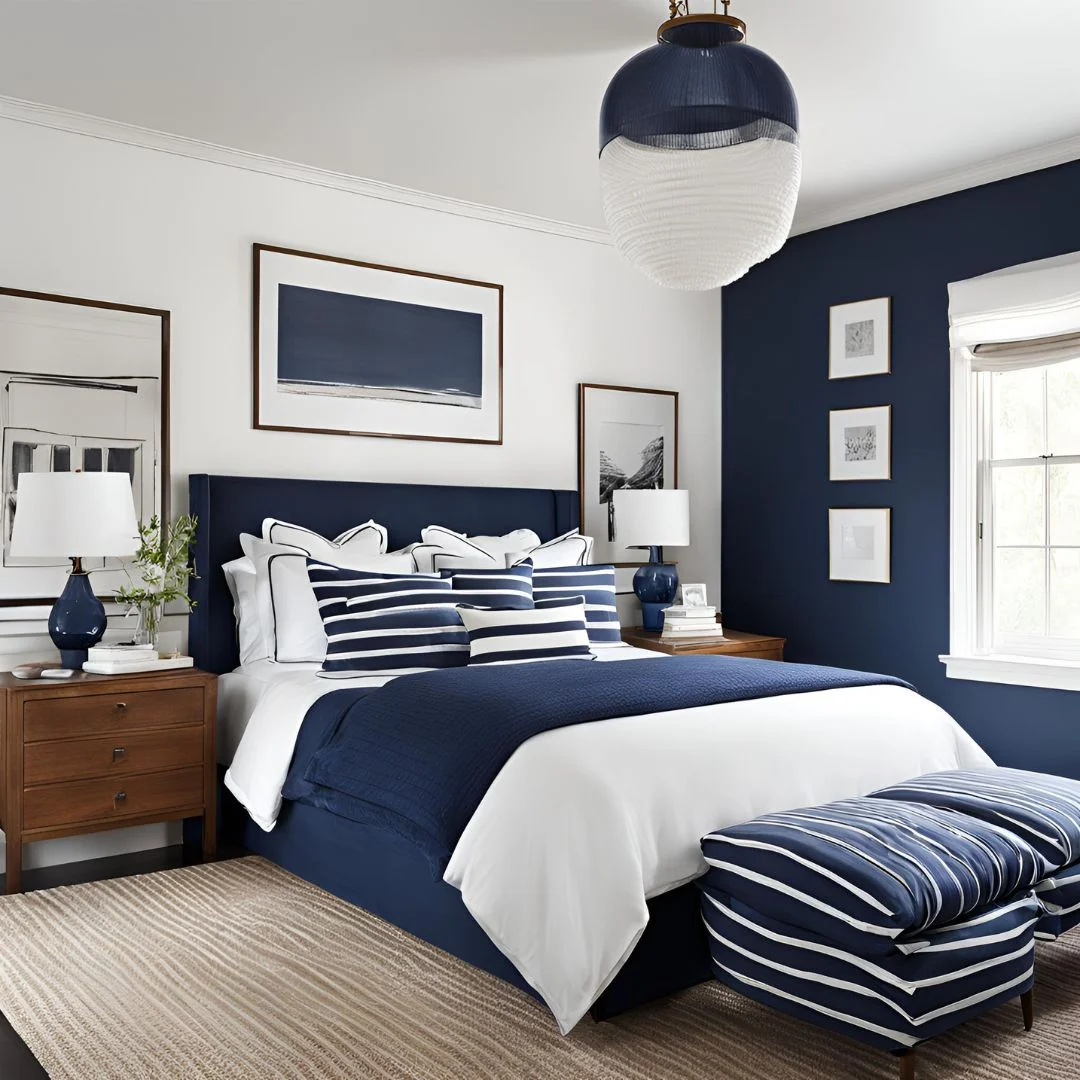 white and navy bedroom decor